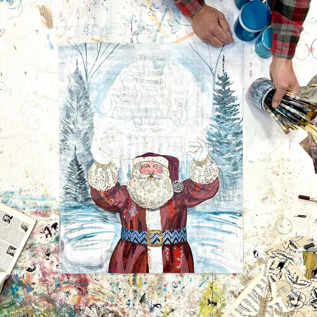 SANTA PAWS original paper collage