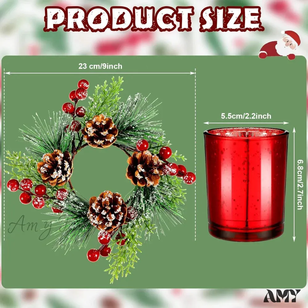 Set of 2 Glass Votive Candle Holders with Snowy Pinecone Berry Christmas Candle Rings Decoration